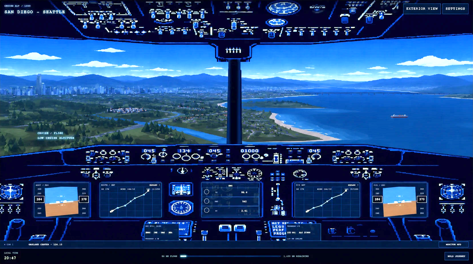 A pixel-art aircraft cockpit flying above a coastal landscape in Cozy Cockpit